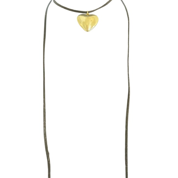 Puffy Gold Heart,Black straps Adjustable Choker Necklace - Picture 2 of 4